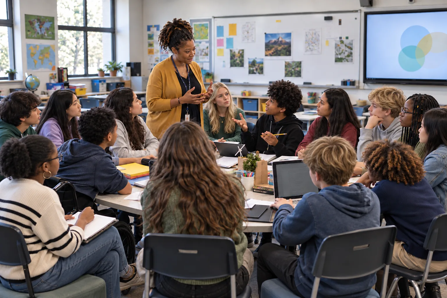 A teacher standing at the head of a classroom discussion circle, students seated around tables with laptops and notebooks, one student answering with a raised pencil.