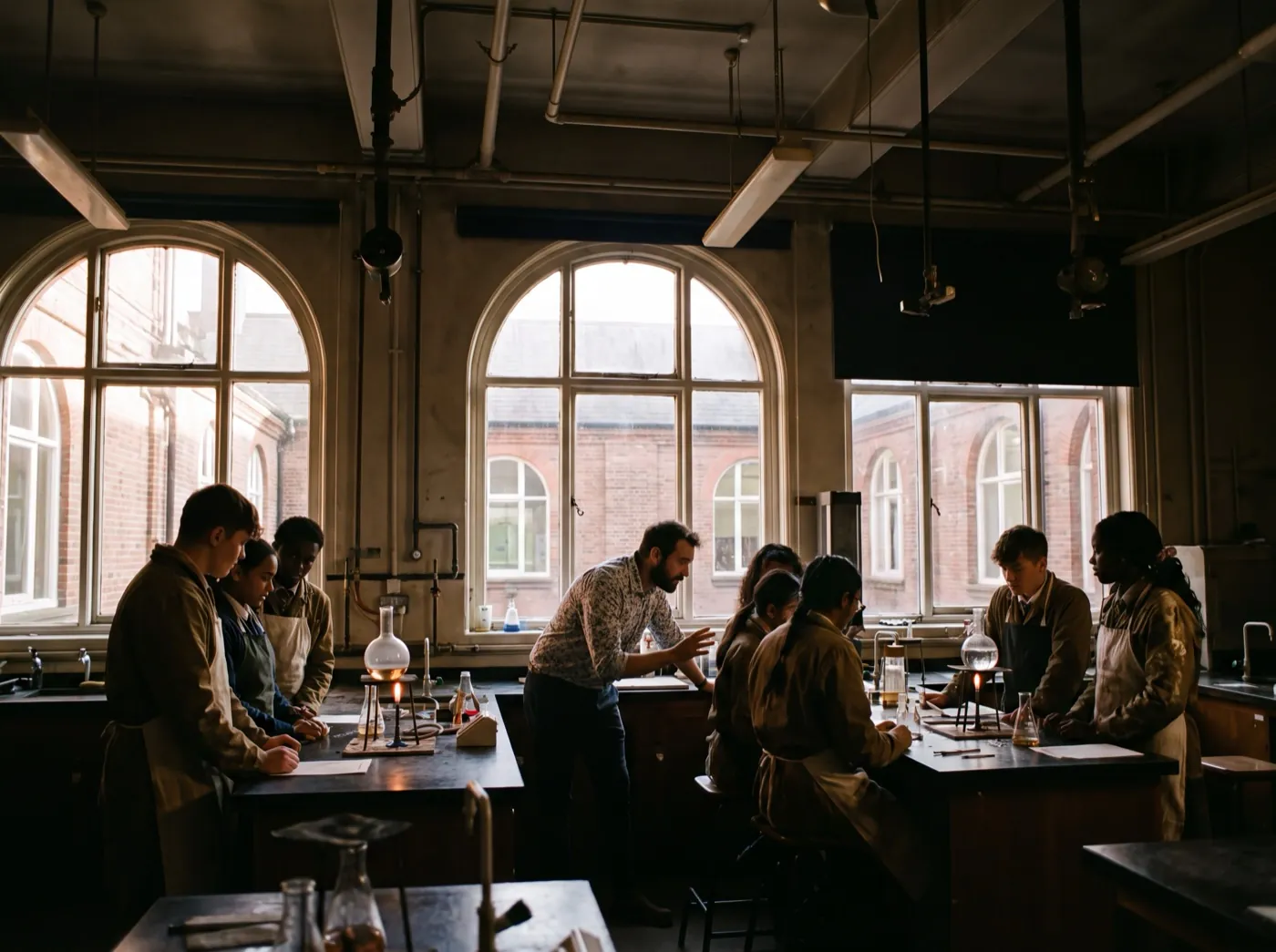 Students in aprons working at benches under the arched windows of an old school laboratory