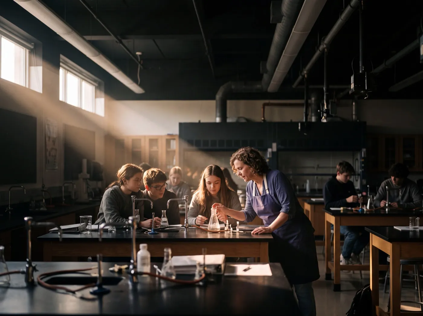 A teacher leaning over a bench with four students in a school science laboratory