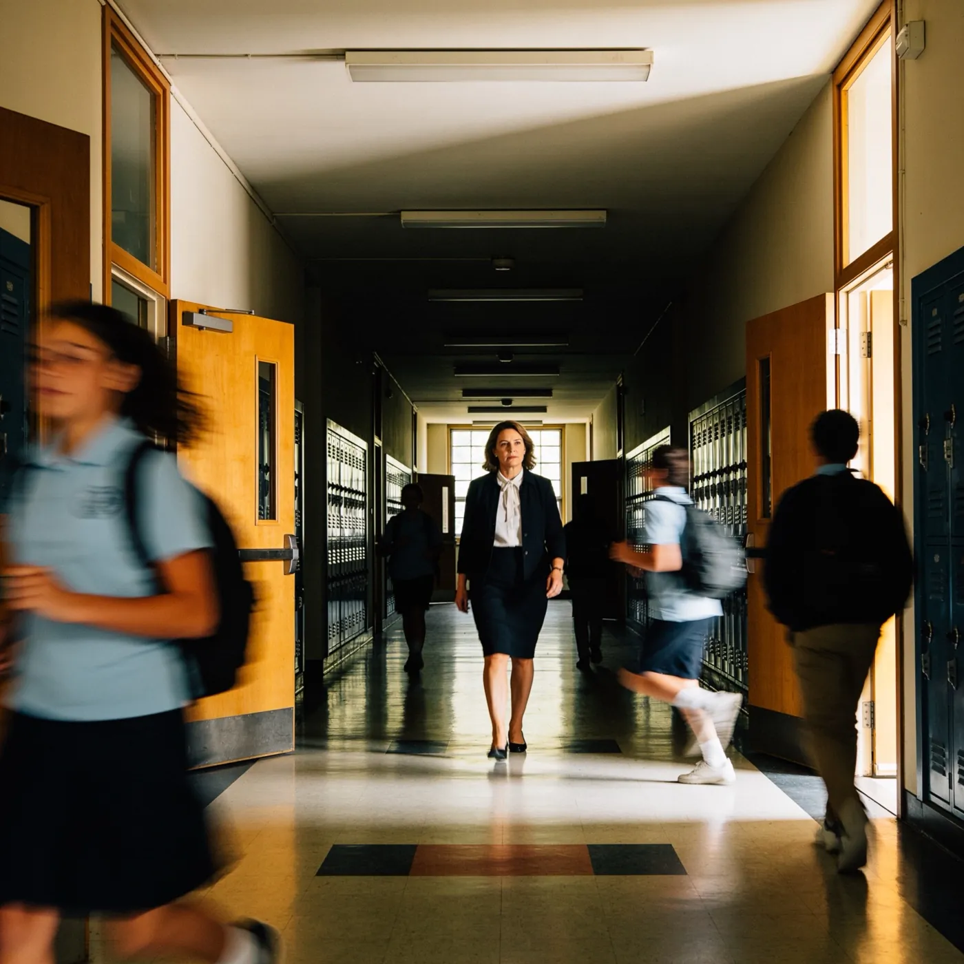 A principal walking a school corridor as students move past her