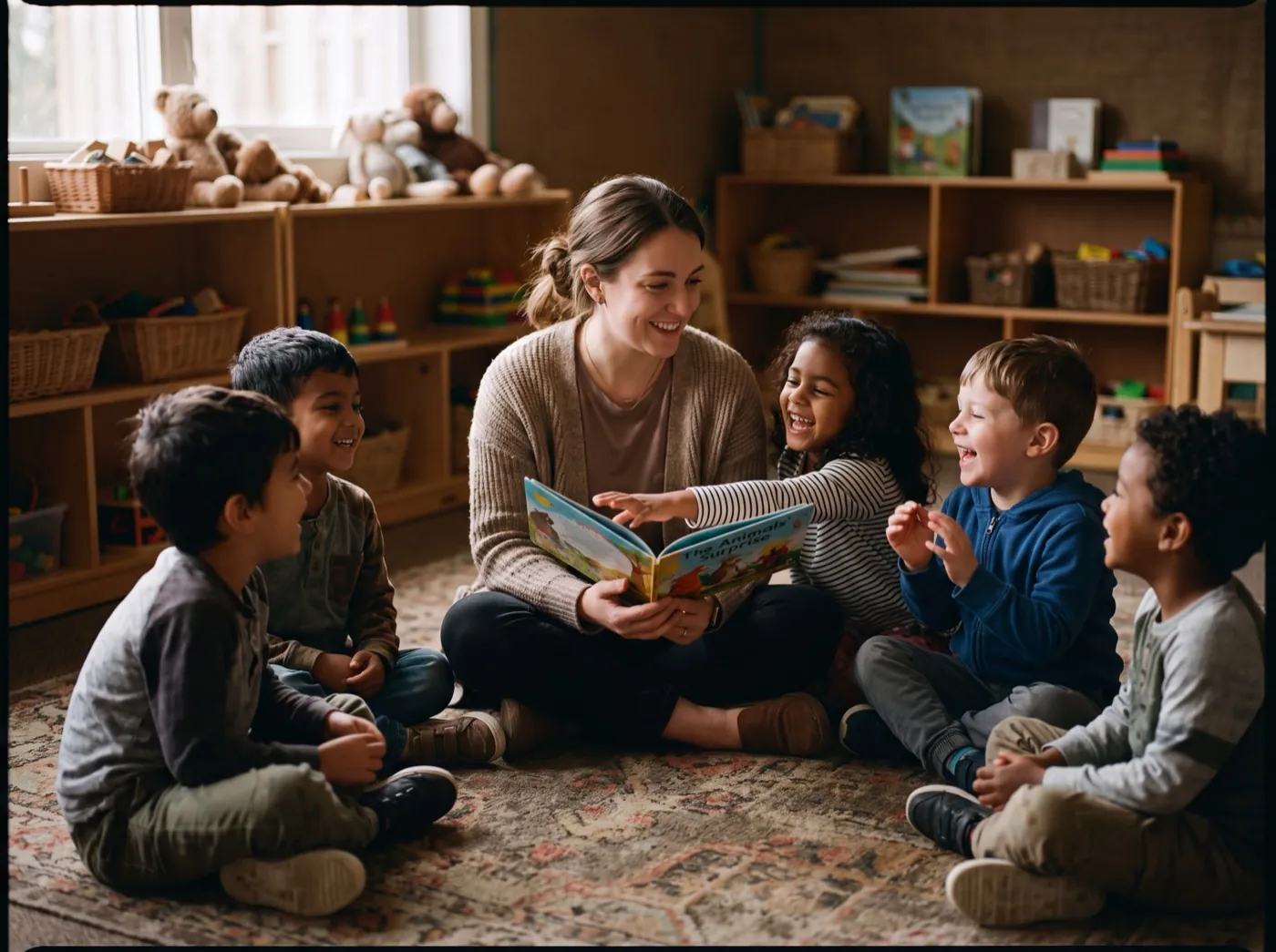 An early years teacher reading a picture book to children sitting on a carpet