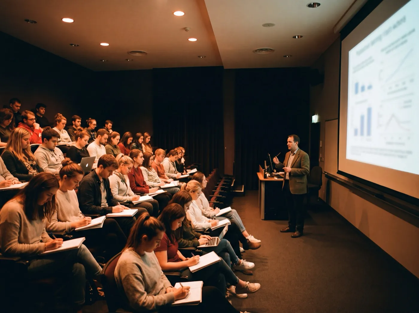 A lecturer presenting data to rows of trainee teachers in a lecture hall