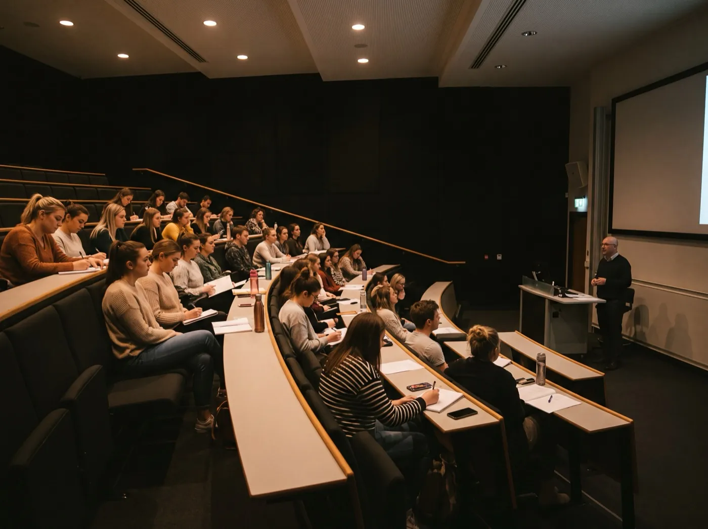 Trainee teachers taking notes in the curved rows of a lecture theatre
